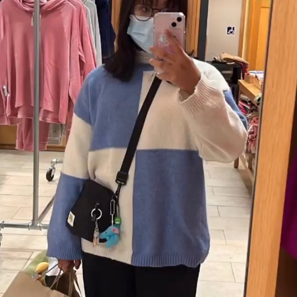 blue and white colorblock sweater